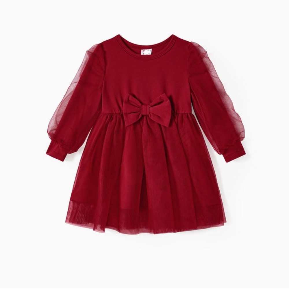 Patpat Girl Red Mesh Splice Bow Tie Christmas Dress Burgundy